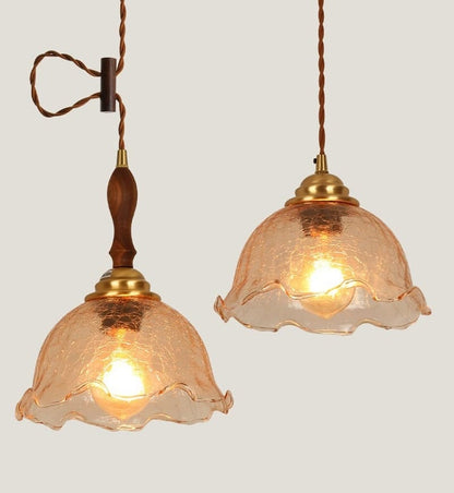 Cracked Tea Glass Pendant LED Light with Wooden Handle in Vintage Style - Bulb Included