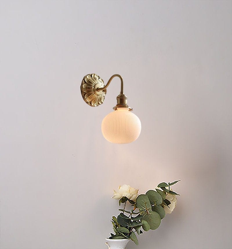 Ribbed Ceramic Ball Shaped Wall Light with Brushed Brass Carved Flower Lamp Fixture - Bulb Included