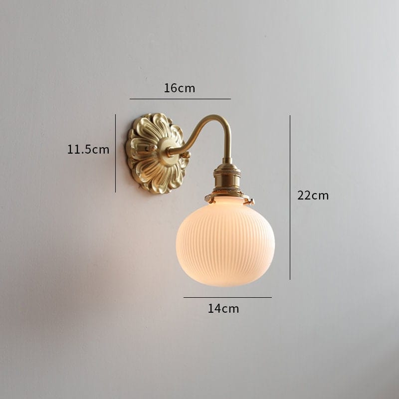 Ribbed Ceramic Ball Shaped Wall Light with Brushed Brass Carved Flower Lamp Fixture - Bulb Included