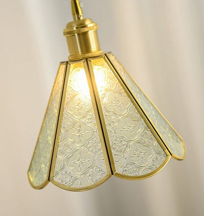 Patterned Glass Pendant LED Light with Golden Brass Frame in Vintage Style - Bulb Included