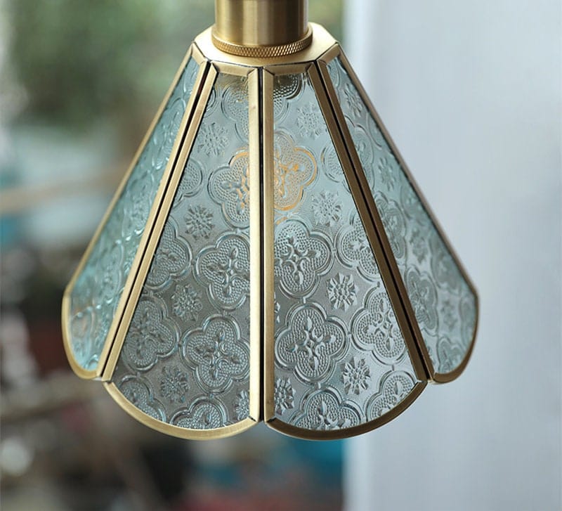 Patterned Glass Pendant LED Light with Golden Brass Frame in Vintage Style - Bulb Included