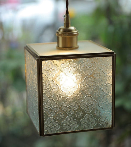 Patterned Glass Pendant LED Light with Golden Brass Frame in Vintage Style - Bulb Included