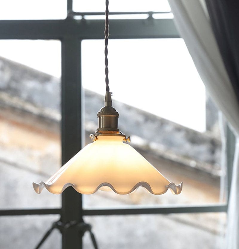 White Opaline Glass Flower Pendant LED Light with Oak Wood Lamp Holder in Vintage Style - Bulb Included