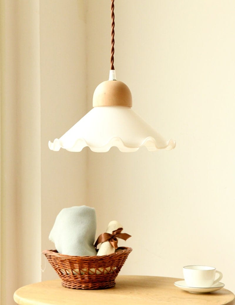 White Opaline Glass Flower Pendant LED Light with Brushed Brass Lamp Holder in Vintage Style - Bulb Included