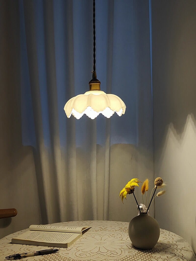 White Opaline Glass Lotus Flower Pendant LED Light with Brushed Brass Lamp Holder in Vintage Style - Bulb Included