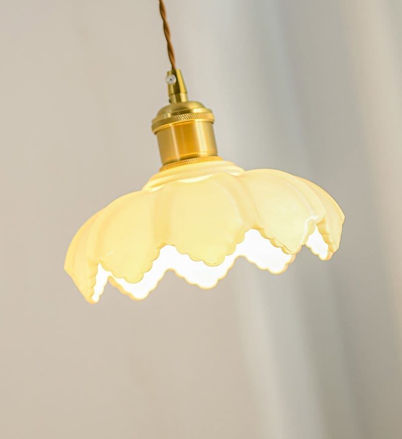 White Opaline Glass Lotus Flower Pendant LED Light with Brushed Brass Lamp Holder in Vintage Style - Bulb Included