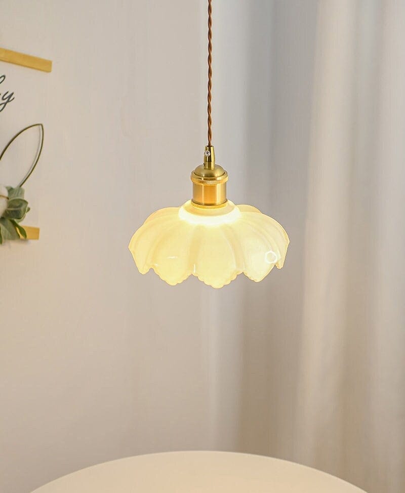 White Opaline Glass Lotus Flower Pendant LED Light with Brushed Brass Lamp Holder in Vintage Style - Bulb Included