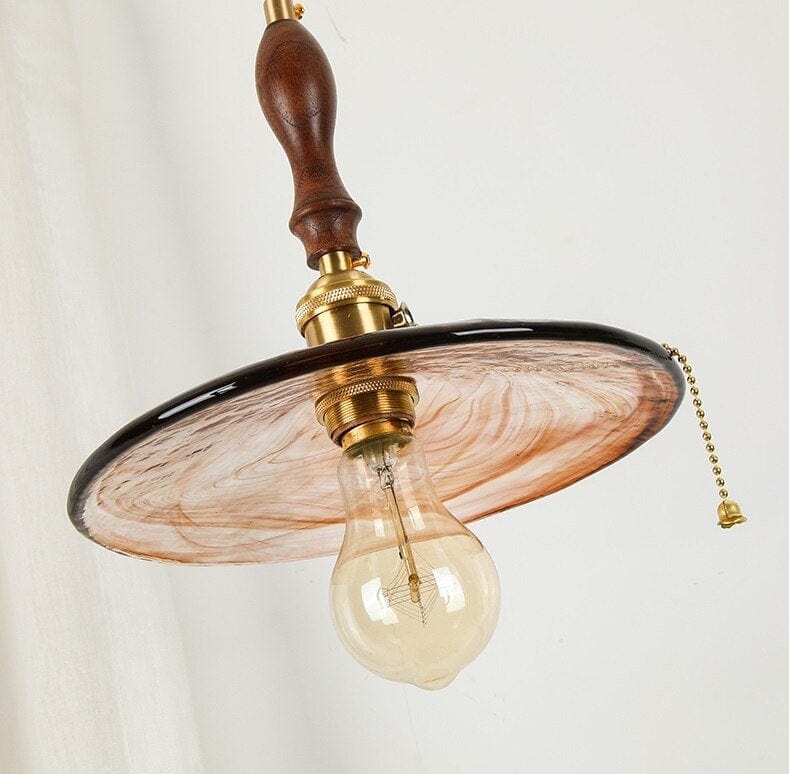 Handmade Embossed Tea Glass Pendant LED Light with Wooden Handle in Vintage Style - Bulb Included