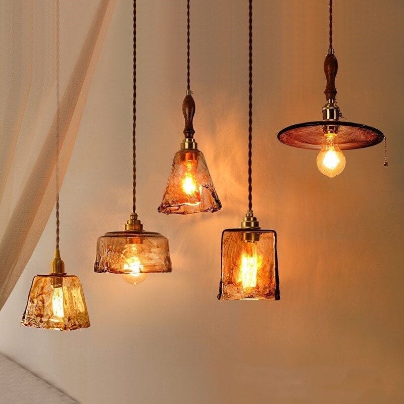 Handmade Embossed Tea Glass Pendant LED Light with Wooden Handle in Vintage Style - Bulb Included