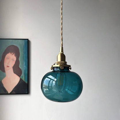 Handmade Blue Glass Ball Pendant LED Light in Vintage Style - Bulb Included