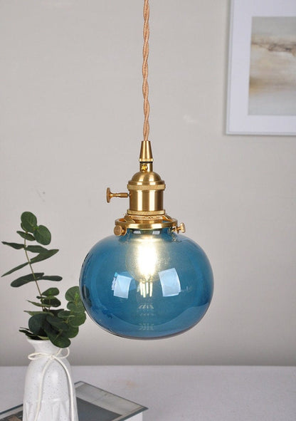 Handmade Blue Glass Ball Pendant LED Light in Vintage Style - Bulb Included