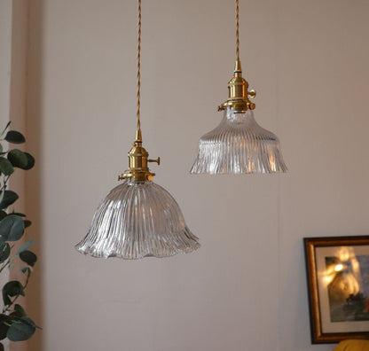 Classic Fluted Glass Flower Pendant LED Light in French Vintage Style - Bulb Included