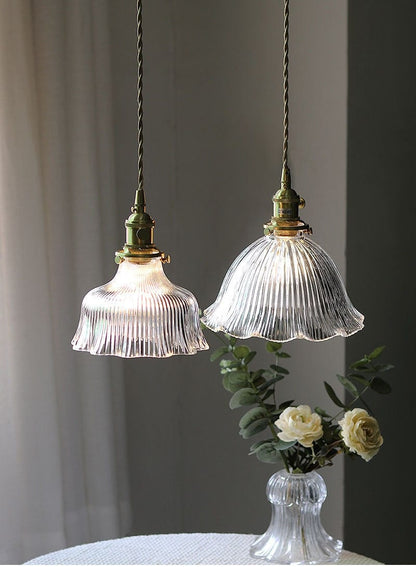 Classic Fluted Glass Flower Pendant LED Light in French Vintage Style - Bulb Included