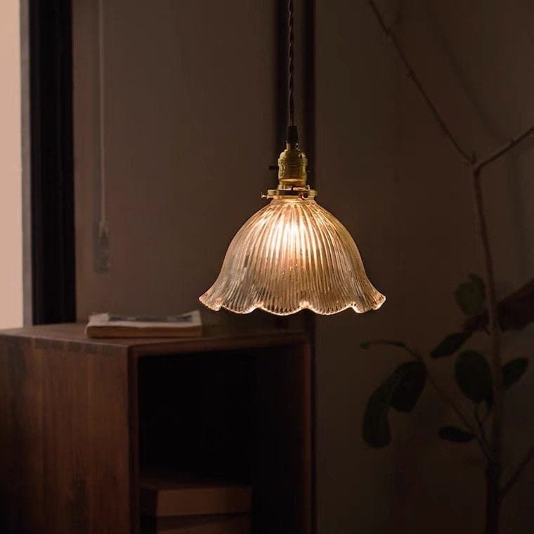 Fluted Glass Pendant LED Light with Handkerchief Lampshade in French Vintage Style orders - Bulb Included